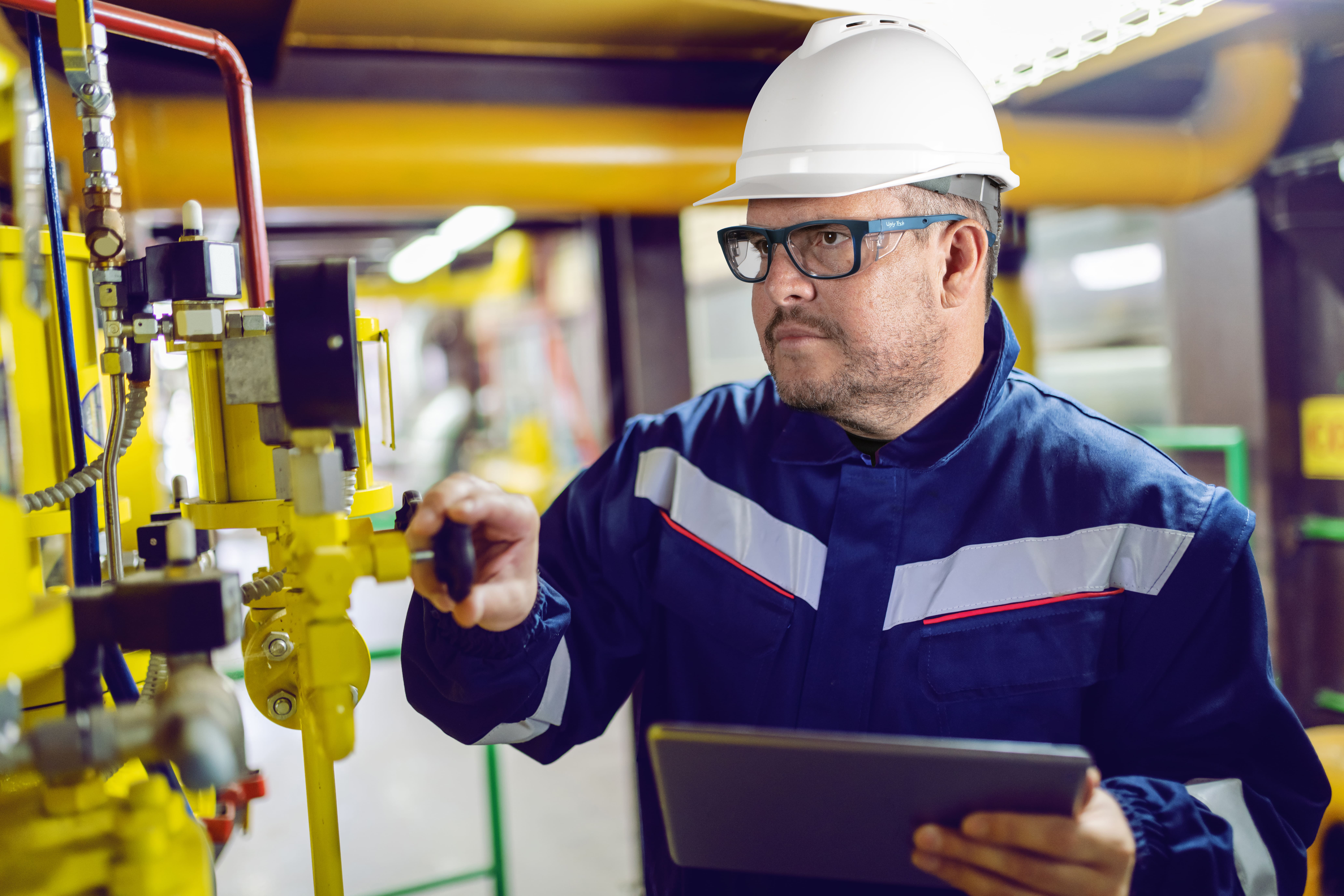 Worker wearing Ugly Fish Dozer Plastic Matte Blue Prescription Safety Glasses